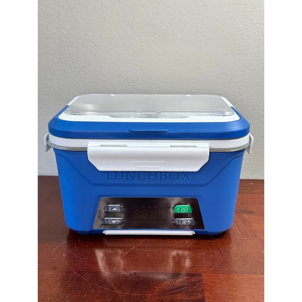 Electric Heated Lunch Box Portable Food Warmer Blue Stainless Steel Utensils